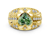 Yellow gold Fancy Green Heart Cut Diamond Pave Art Deco Split Shank Ring with Four-Prong Setting