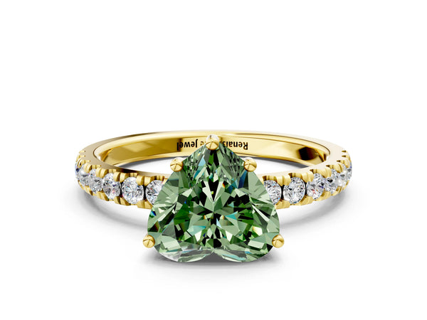 Yellow gold Fancy Green Heart Cut Diamond Pave Band Solitaire Ring with Round  and Prong Setting