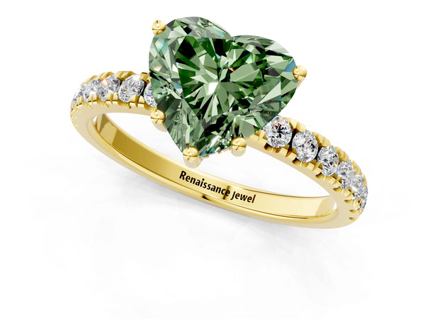 Yellow gold Fancy Green Heart Cut Diamond Pave Band Solitaire Ring with Round  and Prong Setting