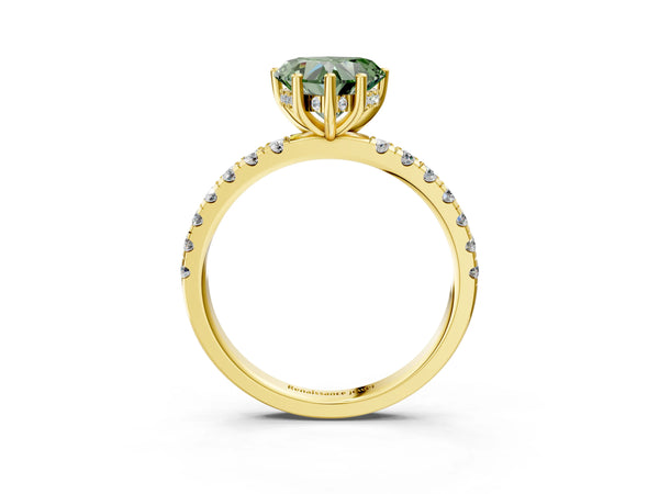 Yellow gold Fancy Green Heart Cut Diamond Pave Band Solitaire Ring with Round  and Prong Setting