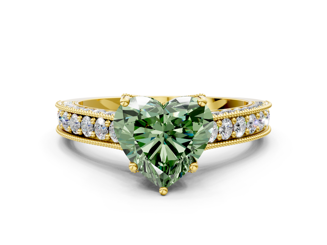 Yellow gold Fancy Green Heart  Cut Diamond Pave Band with Four-Prong Setting