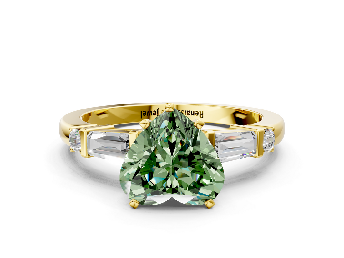 Yellow gold Fancy Green Heart  Cut Diamond Ring with Baguette Side Stones, Channel Set Band, and Four-Prong Setting
