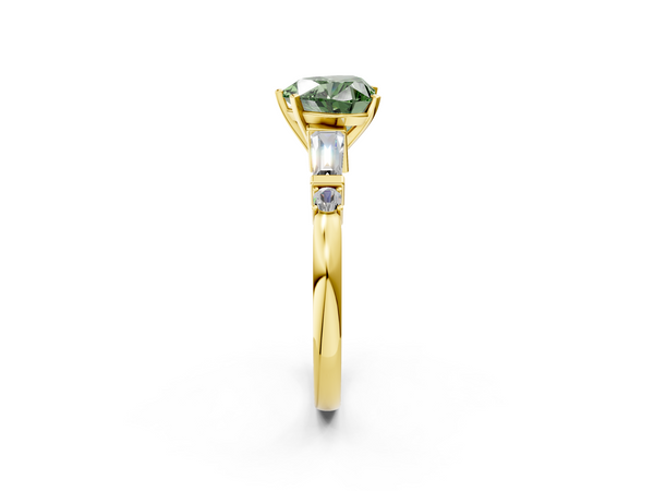 Yellow gold Fancy Green Heart  Cut Diamond Ring with Baguette Side Stones, Channel Set Band, and Four-Prong Setting