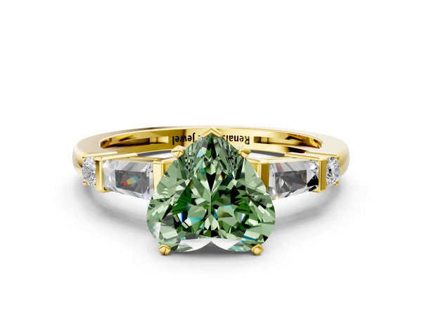 Yellow gold Fancy Green Heart  Cut Diamond Ring with Baguette Side Stones, Channel Set Band, and Four-Prong Setting
