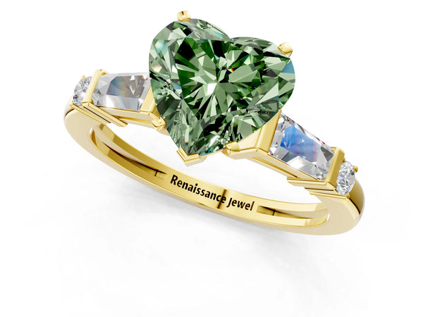 Yellow gold Fancy Green Heart  Cut Diamond Ring with Baguette Side Stones, Channel Set Band, and Four-Prong Setting