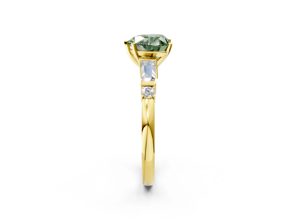 Yellow gold Fancy Green Heart  Cut Diamond Ring with Baguette Side Stones, Channel Set Band, and Four-Prong Setting