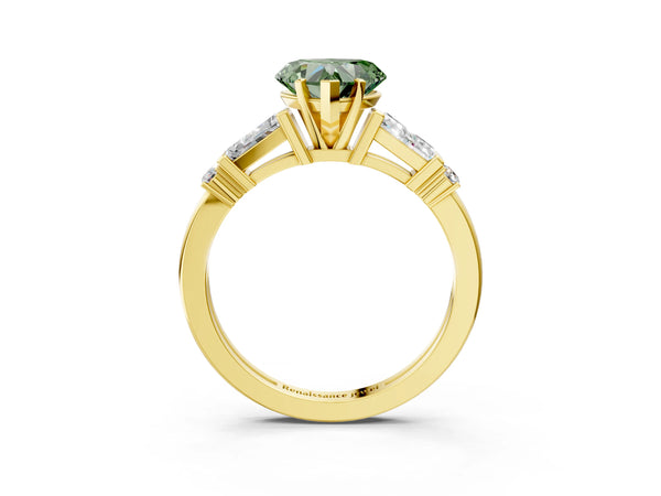 Yellow gold Fancy Green Heart  Cut Diamond Ring with Baguette Side Stones, Channel Set Band, and Four-Prong Setting