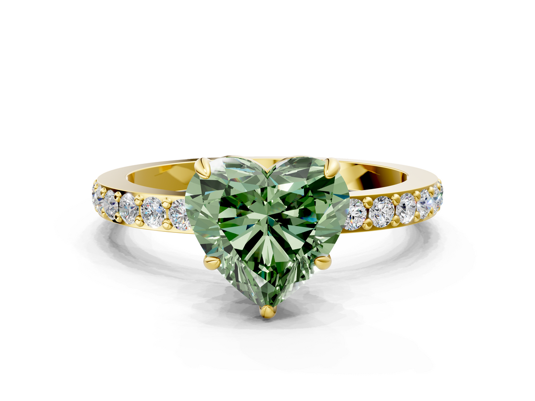 Yellow gold Fancy Green Heart  Cut Diamond Ring with Pavé Band and Four-Prong Setting