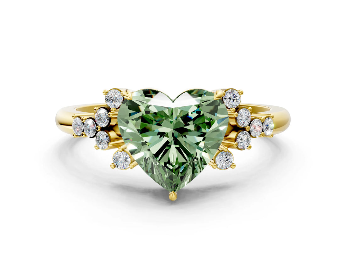 Yellow gold Fancy Green Heart Cut Diamond Ring with Side Stones and Four-Prong Setting_59