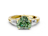 Yellow gold Fancy Green Heart  Cut Diamond Ring with Tapered Baguette Side Stones in Four-Prong Setting