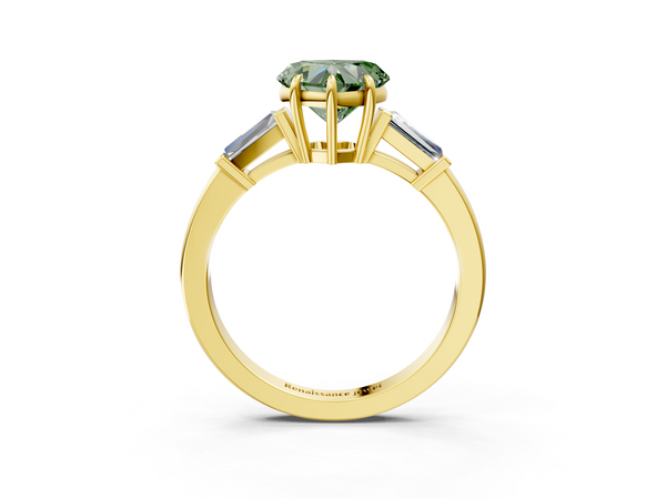 Yellow gold Fancy Green Heart  Cut Diamond Ring with Tapered Baguette Side Stones in Four-Prong Setting