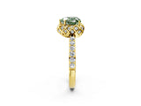 Yellow gold Fancy Green Heart Cut Diamond Scalloped Halo Engagement Ring with Round Shared Prong Band_14