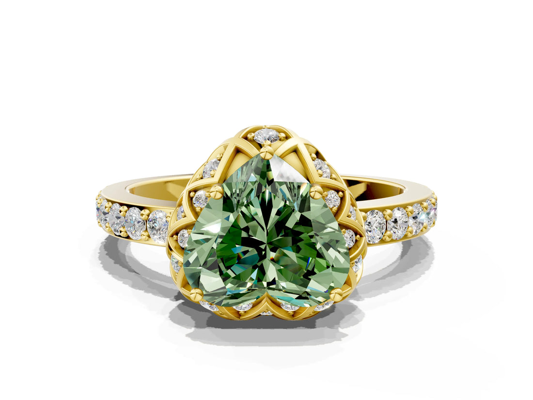 Yellow gold Fancy Green Heart Cut Diamond Scalloped Halo Engagement Ring with Round Shared Prong Band_24