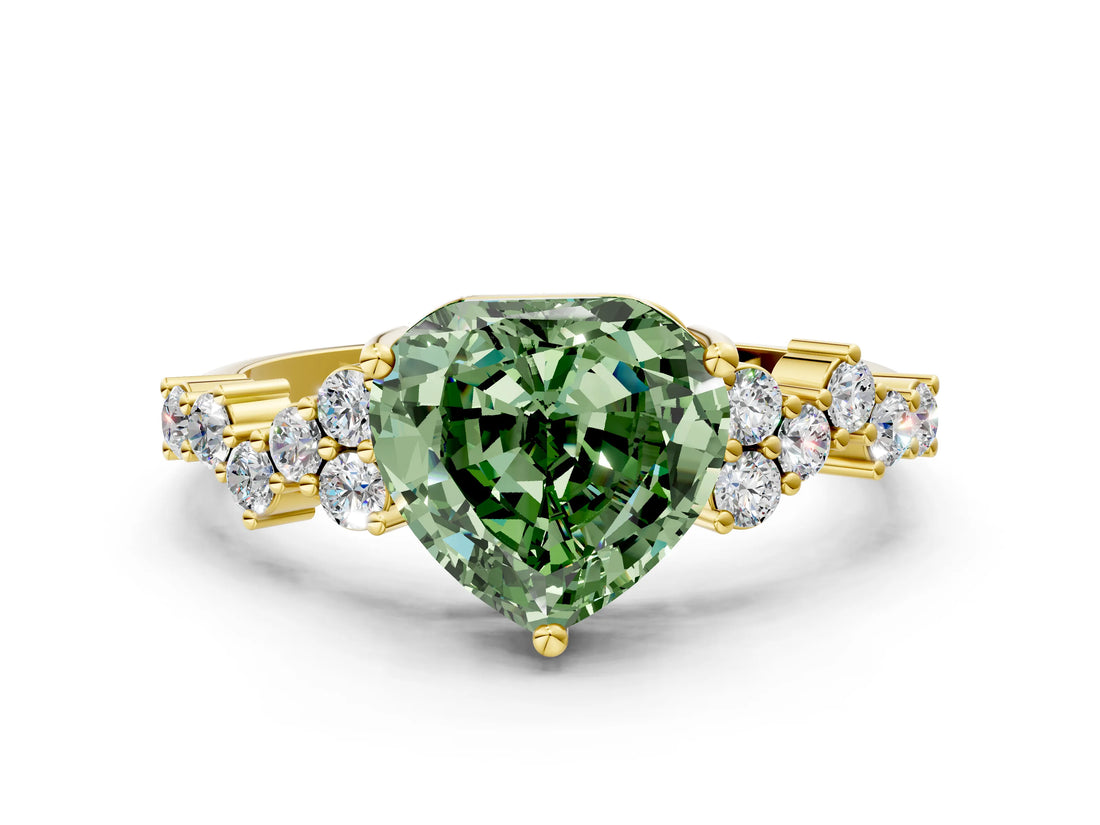 Yellow gold Fancy Green Heart Cut Diamond Scattered Round Accent Ring with Prong Setting_12