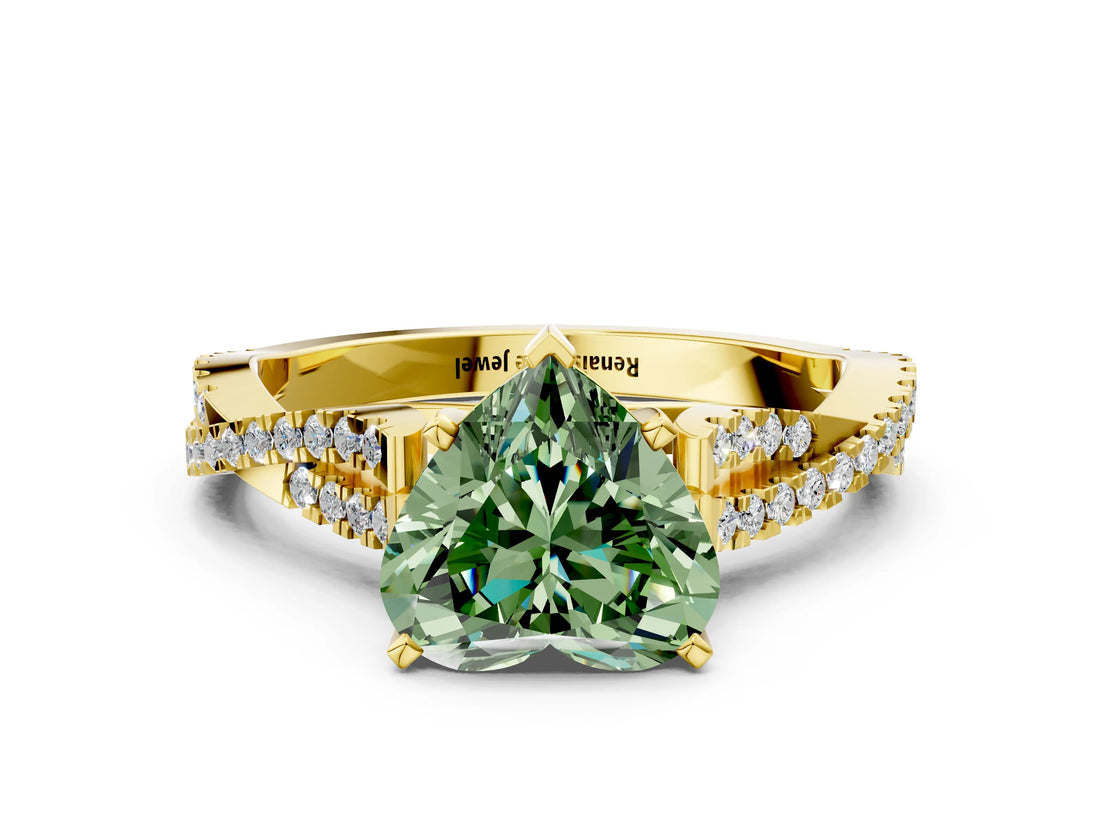Yellow gold Fancy Green Heart Cut Diamond Solitaire Engagement Ring with Twisted Pavé Band and Four-Prong Setting_32