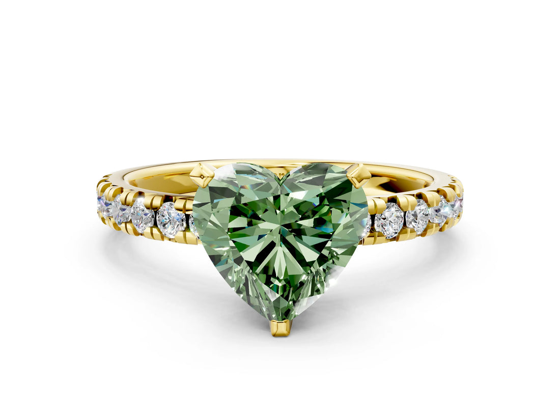 Yellow gold Fancy Green Heart Cut Diamond Solitaire Pavé Engagement Ring with Round Band and Prong Setting_48