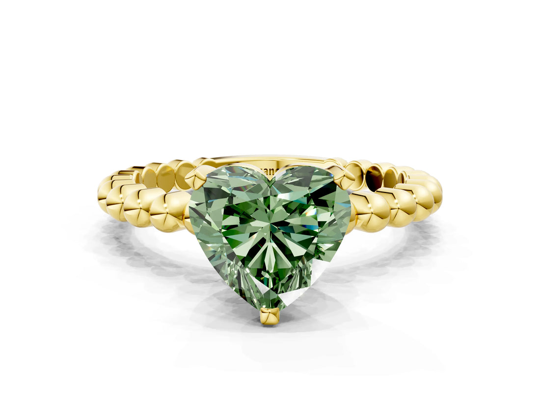 Yellow gold Fancy Green Heart Cut Diamond Solitaire Ring with Beaded Band and Prong Setting_23