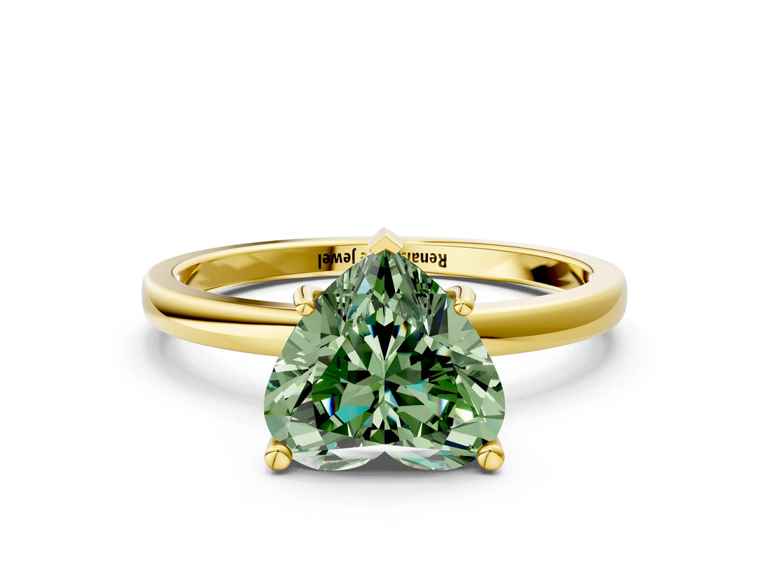 Yellow gold Fancy Green Heart Cut Diamond Solitaire Ring with Classic Band and Four-Prong Setting