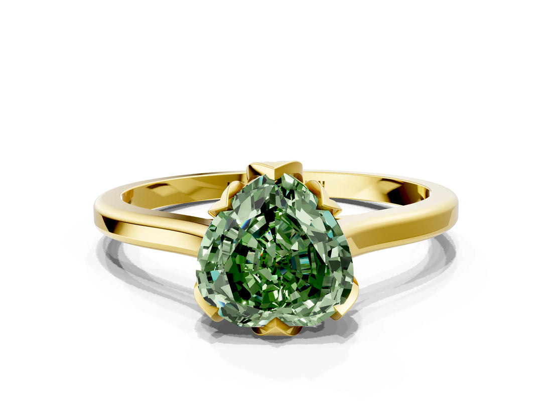 Yellow gold Fancy Green Heart Cut Diamond Solitaire Ring with Flower Prong Setting and Classic Band_36