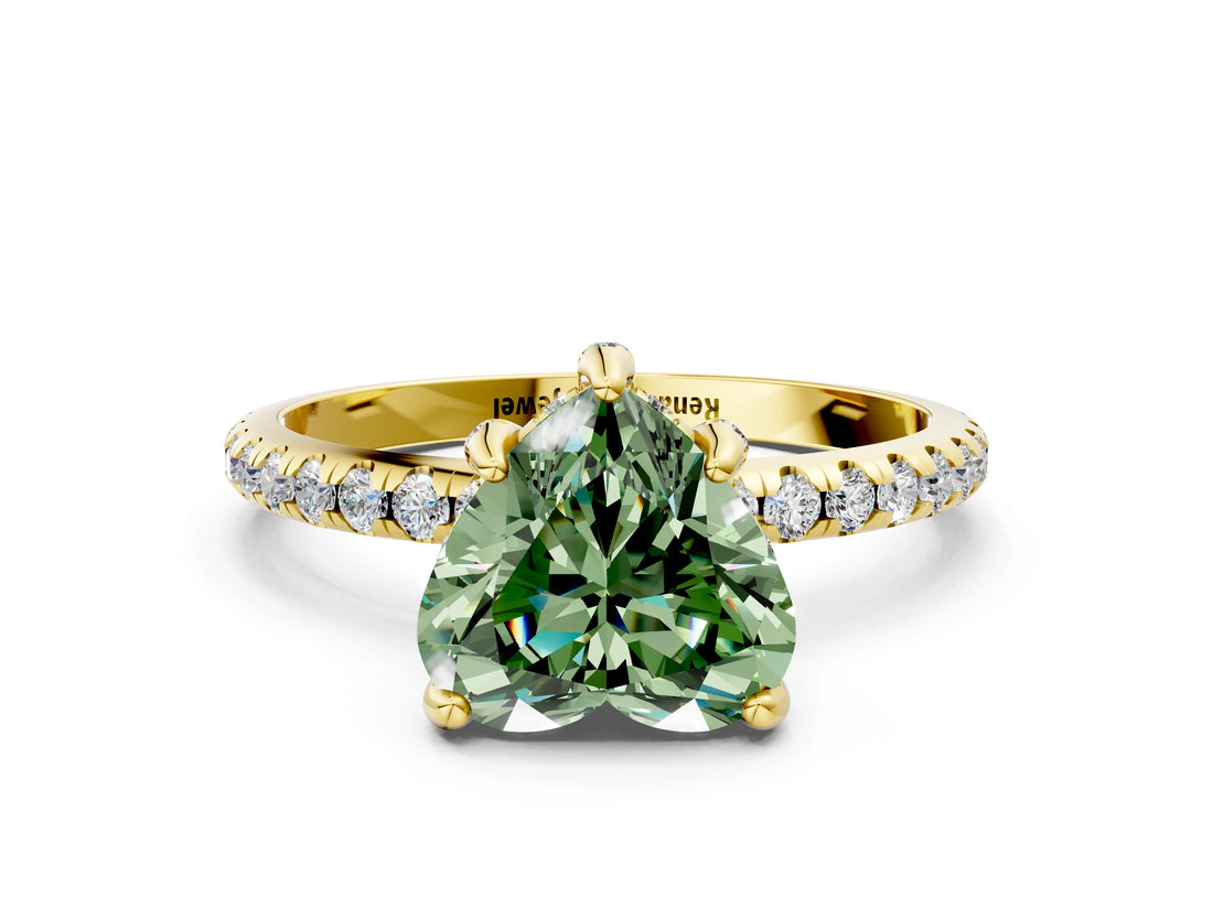 Yellow gold Fancy Green Heart Cut Diamond Solitaire Ring with Four-Prong Setting and Pavé Band_3