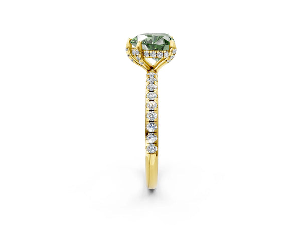 Yellow gold Fancy Green Heart Cut Diamond Hidden Halo Engagement Ring with Round Pavé Band and Prong Setting