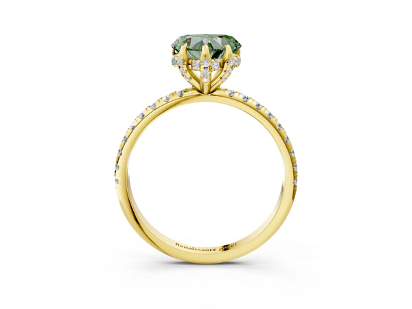 Yellow gold Fancy Green Heart Cut Diamond Hidden Halo Engagement Ring with Round Pavé Band and Prong Setting