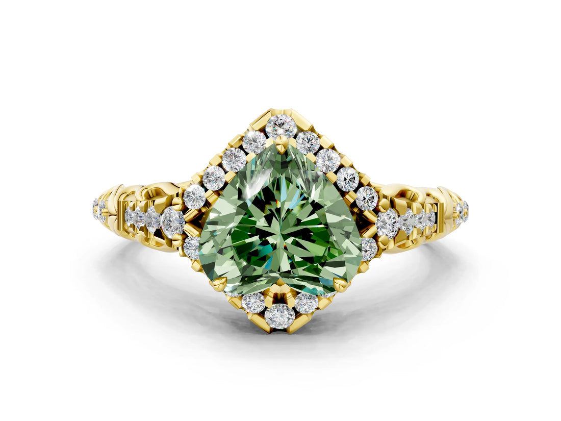 Yellow gold Fancy Green Heart Cut Diamond Solitaire Ring with Hidden Halo and Pavé Band_27
