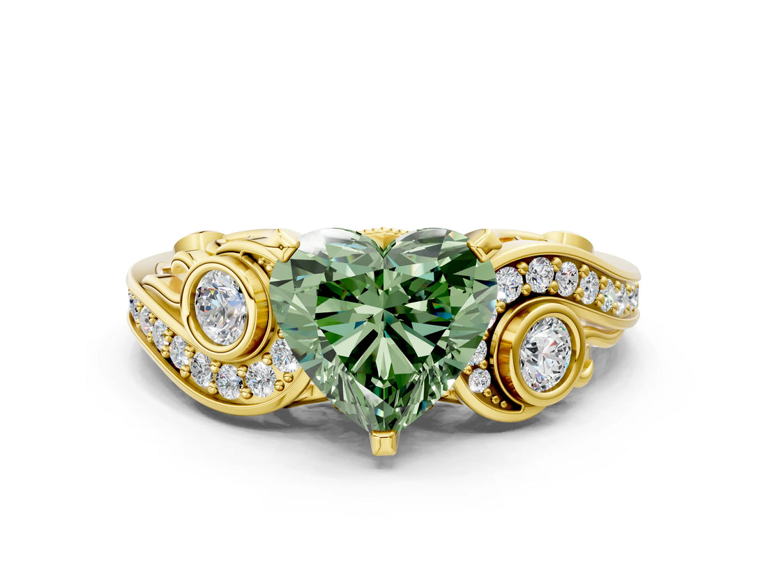 Yellow gold Fancy Green Heart Cut Diamond Solitaire Ring with Milgrain Pavé Band and Four-Prong Setting_17
