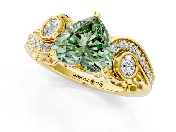 Yellow gold Fancy Green Heart Cut Diamond Solitaire Ring with Milgrain Pavé Band and Four-Prong Setting