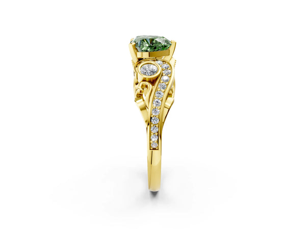 Yellow gold Fancy Green Heart Cut Diamond Solitaire Ring with Milgrain Pavé Band and Four-Prong Setting