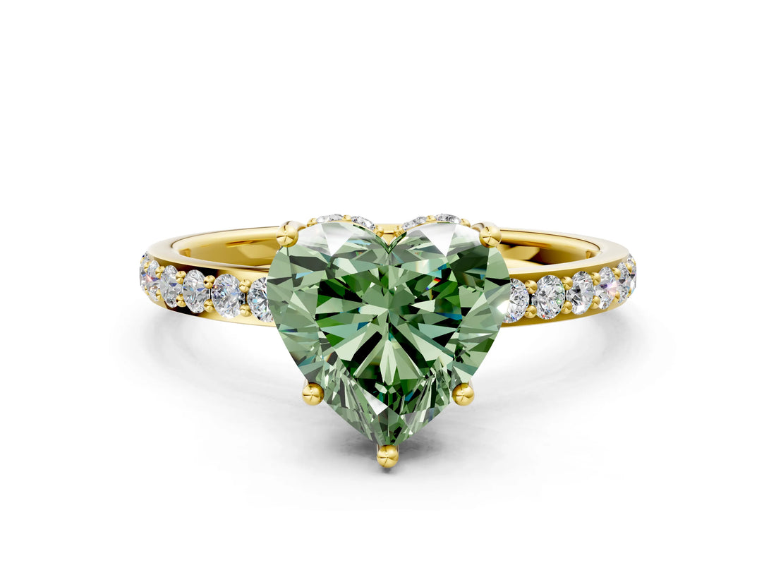 Yellow gold Fancy Green Heart Cut Diamond Solitaire Ring with Pavé Band and Hidden Halo_69