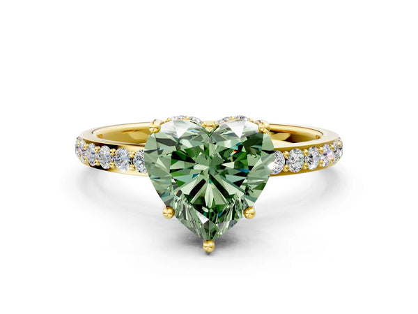 Yellow gold Fancy Green Heart Cut Diamond Solitaire Ring with Pavé Band and Hidden Halo