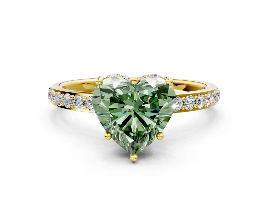 Yellow gold Fancy Green Heart Cut Diamond Solitaire Ring with Pavé Band and Hidden Halo