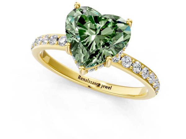 Yellow gold Fancy Green Heart Cut Diamond Solitaire Ring with Pavé Band and Hidden Halo