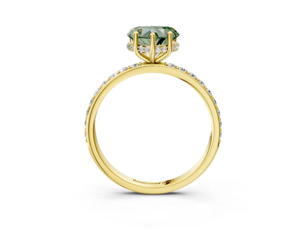 Yellow gold Fancy Green Heart Cut Diamond Solitaire Ring with Pavé Band and Hidden Halo