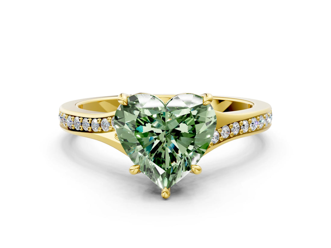 Yellow gold Fancy Green Heart Cut Diamond Solitaire Ring with Pavé Band and Prong Setting_12