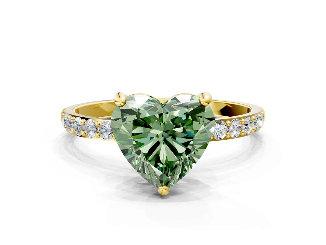 Yellow gold Fancy Green Heart Cut Diamond Solitaire Ring with Pave Band and Four Prong Setting_17