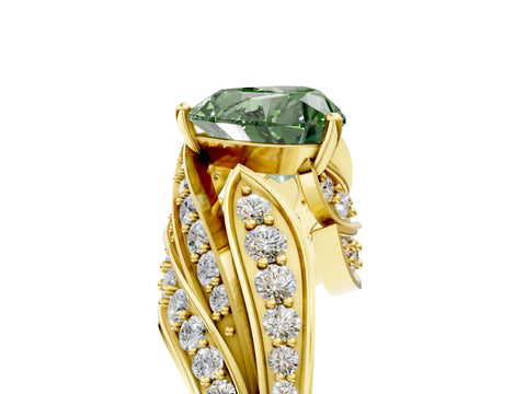Yellow gold Fancy Green Heart Cut Diamond Solitaire Ring with Prong Setting and Twisted Pavé Band_5