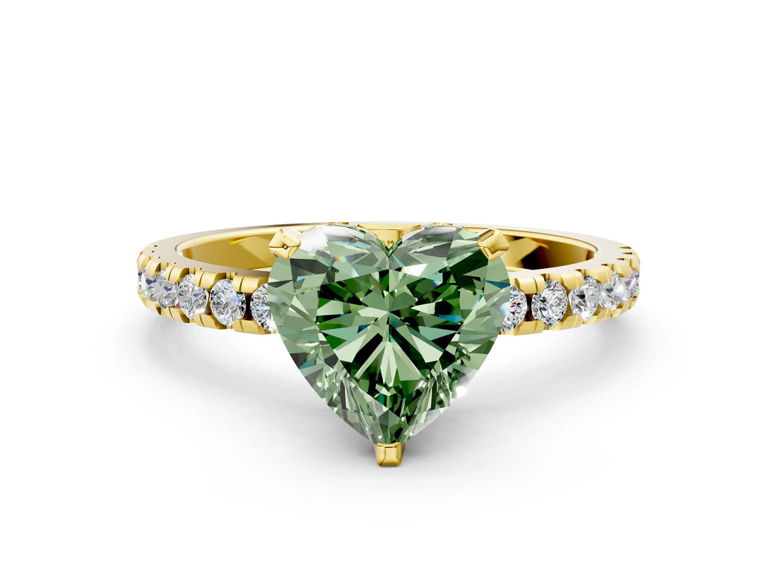 Yellow gold Fancy Green Heart Cut Diamond Solitaire Ring with Round  Pavé Band and Four-Prong Setting_36