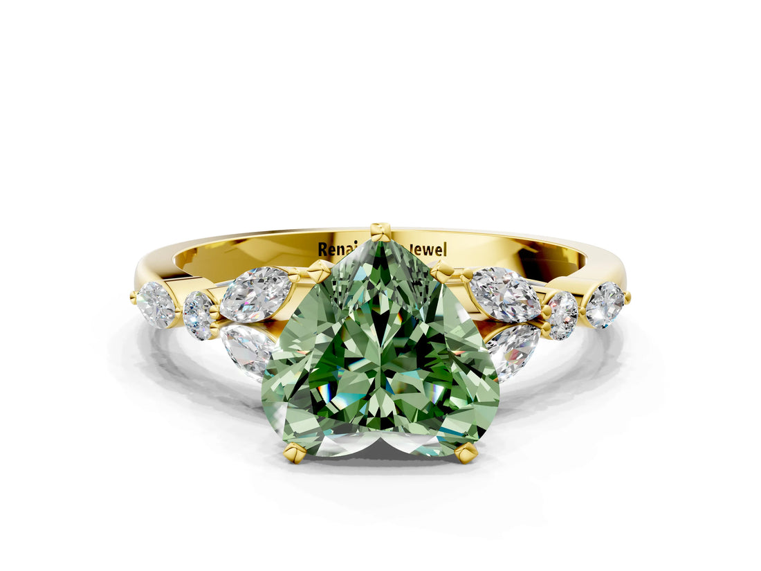 Yellow gold Fancy Green Heart Cut Diamond Solitaire Ring with Side Stones and Four-Prong Setting_17