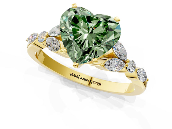 Yellow gold Fancy Green Heart Cut Diamond Solitaire Ring with Side Stones and Four-Prong Setting