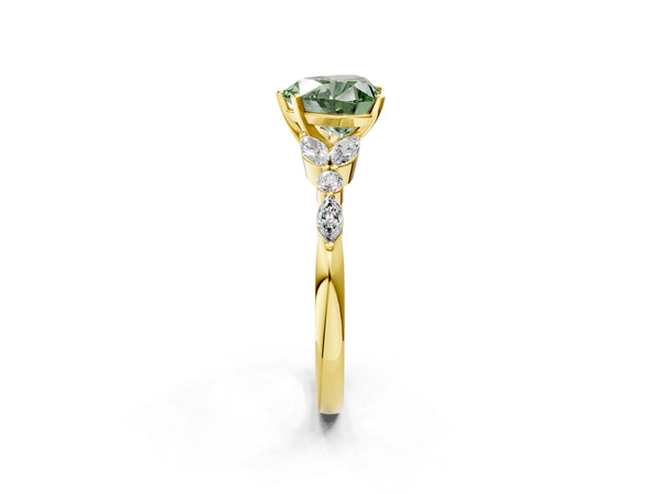 Yellow gold Fancy Green Heart Cut Diamond Solitaire Ring with Side Stones and Four-Prong Setting