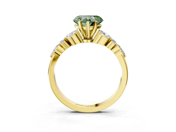 Yellow gold Fancy Green Heart Cut Diamond Solitaire Ring with Side Stones and Four-Prong Setting