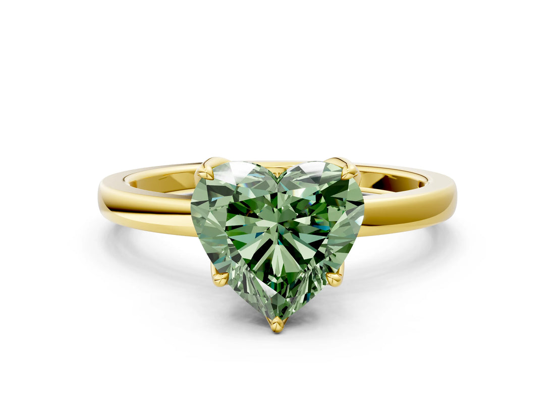 Yellow gold Fancy Green Heart Cut Diamond Solitaire Ring with Thin Band and Prong Setting_12
