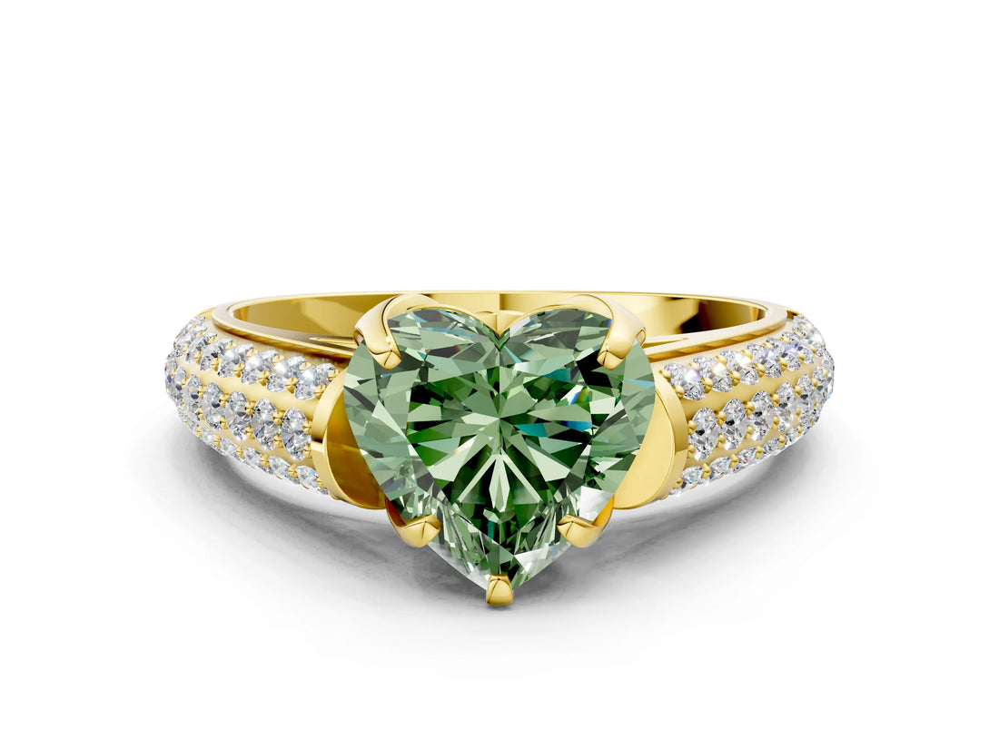 Yellow gold Fancy Green Heart Cut Diamond Solitaire Ring with Three-Row Pavé Band and Four-Prong Setting_18