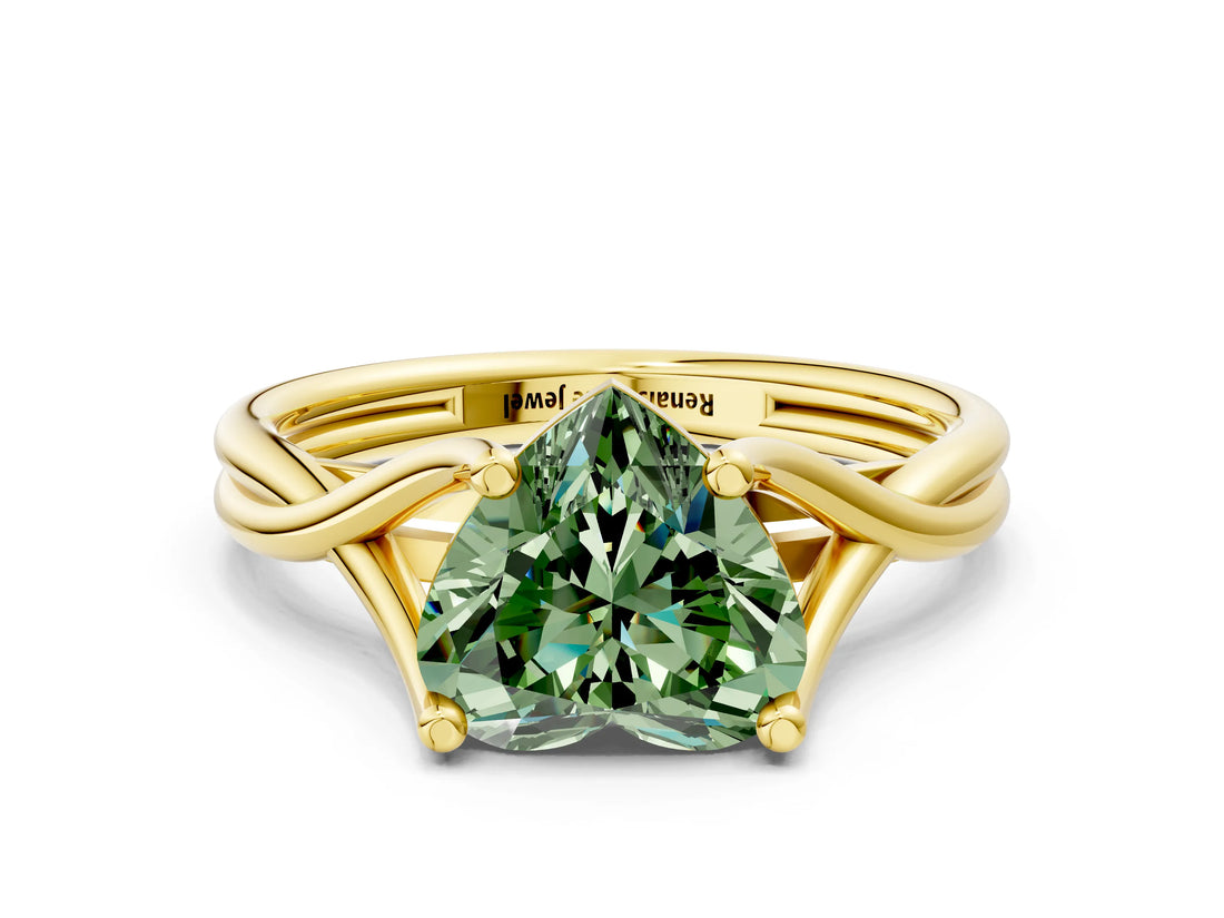 Yellow gold Fancy Green Heart Cut Diamond Solitaire Twist Band Prong Setting Ring_67