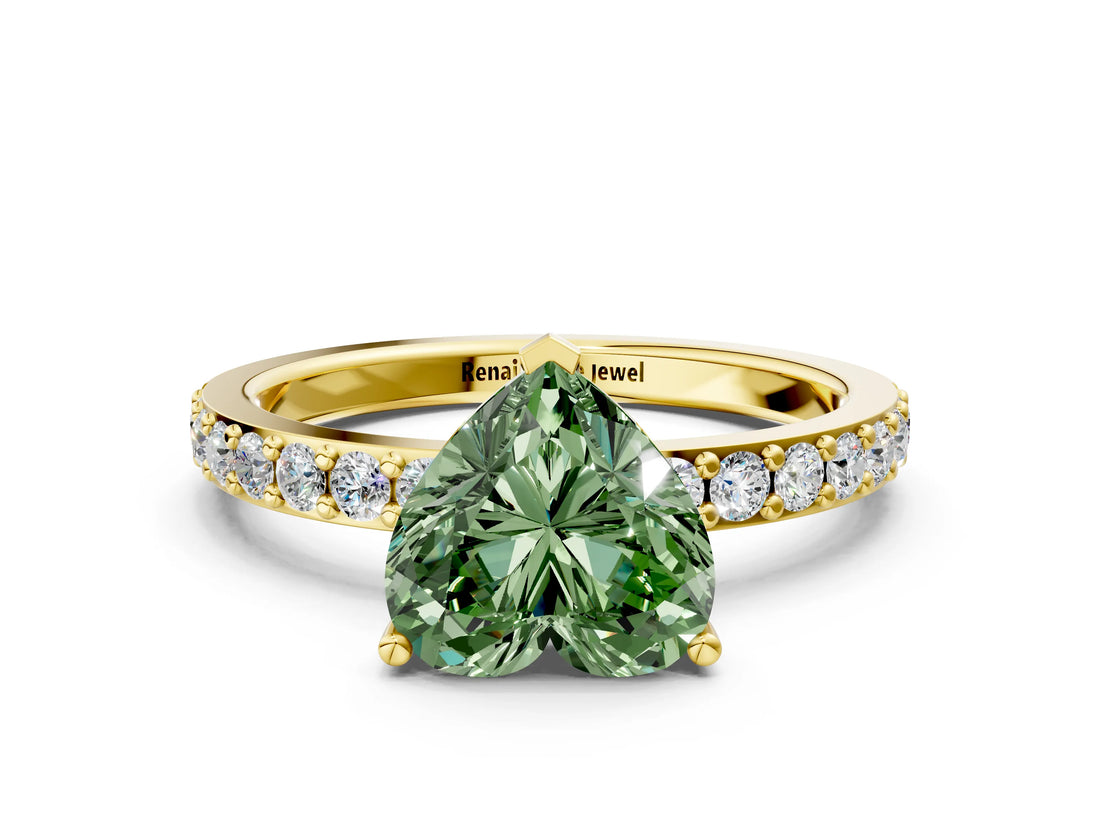 Yellow gold Fancy Green Heart  Cut Diamond Solitaire with Pave Band and Four-Prong Setting 1