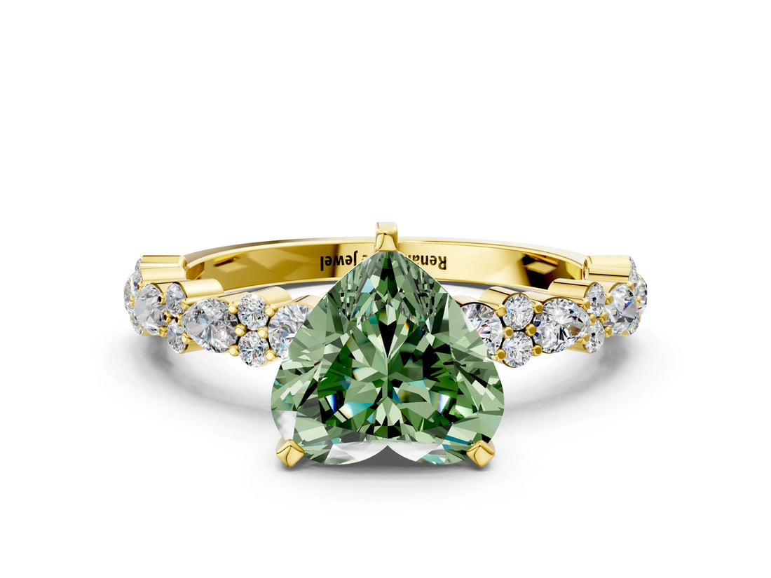 Yellow gold Fancy Green Heart Cut Diamond Solitaire with Side Stones, Pave Band, Four-Prong Setting_40