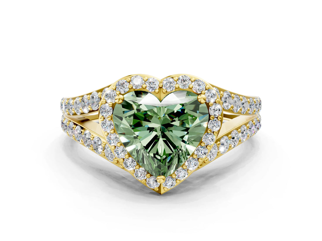 Yellow gold Fancy Green Heart Cut Diamond Split Shank Halo Ring with Four-Prong Setting_17