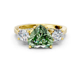 Yellow gold Fancy Green Heart Cut Diamond Three-Stone Engagement Ring with Prong Setting and Pavé Band